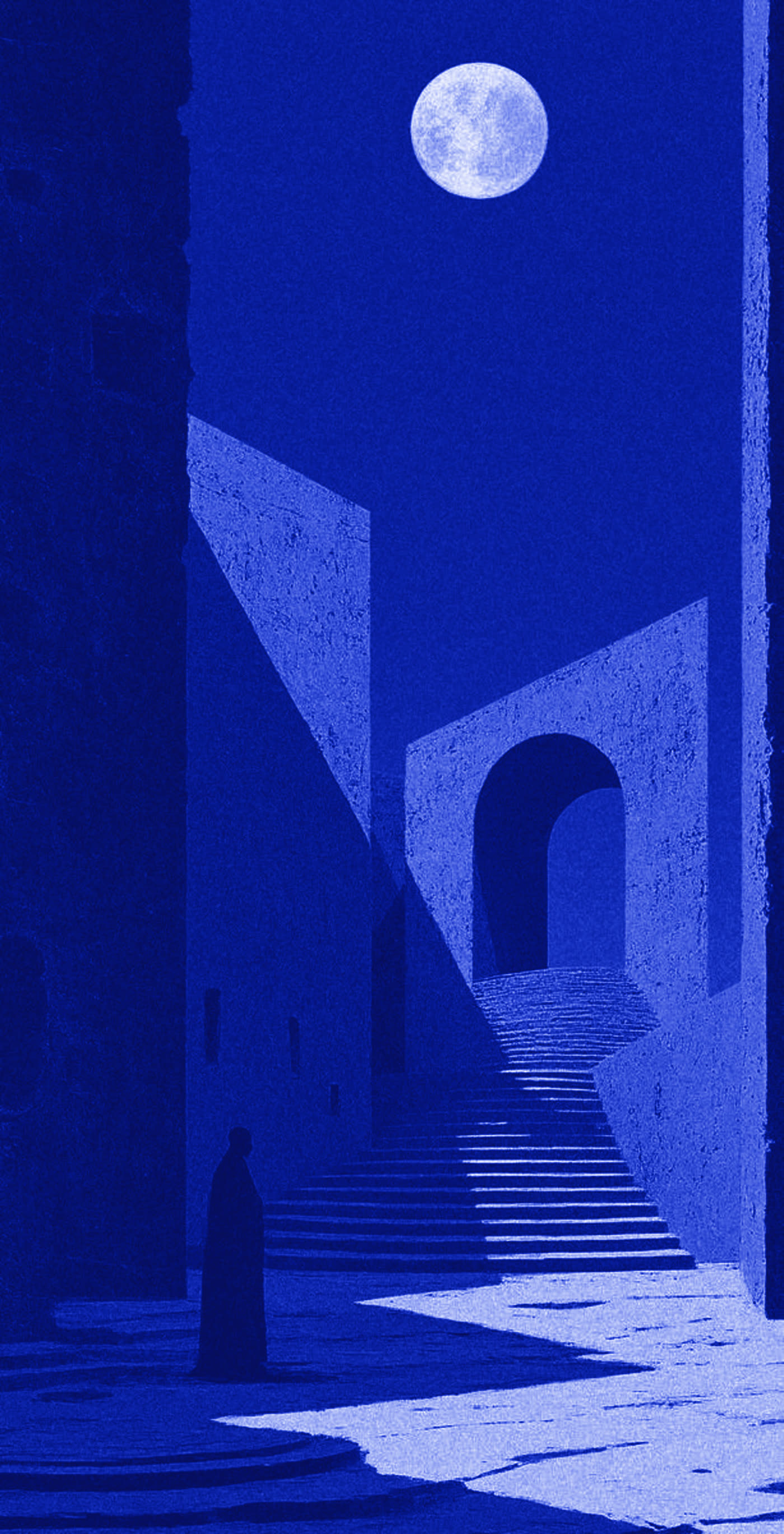Moon over modernist architecture, duotone