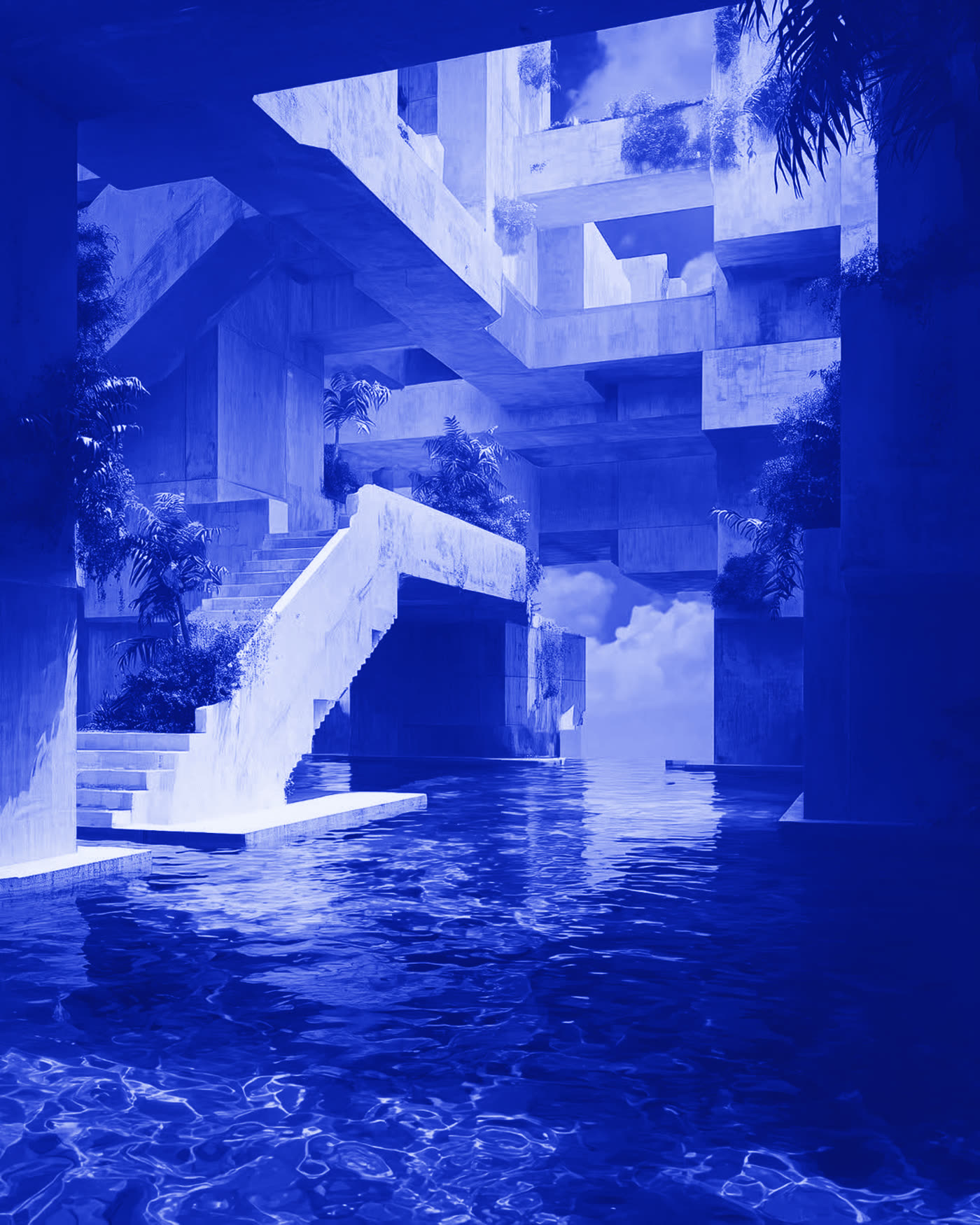 Modernist terraces above water, duotone